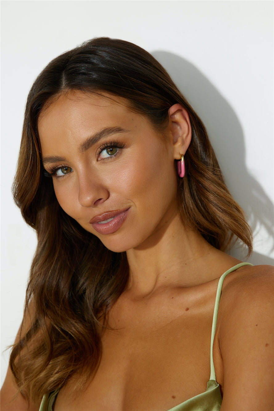 Side View of Gold and Pink Enamel Earrings