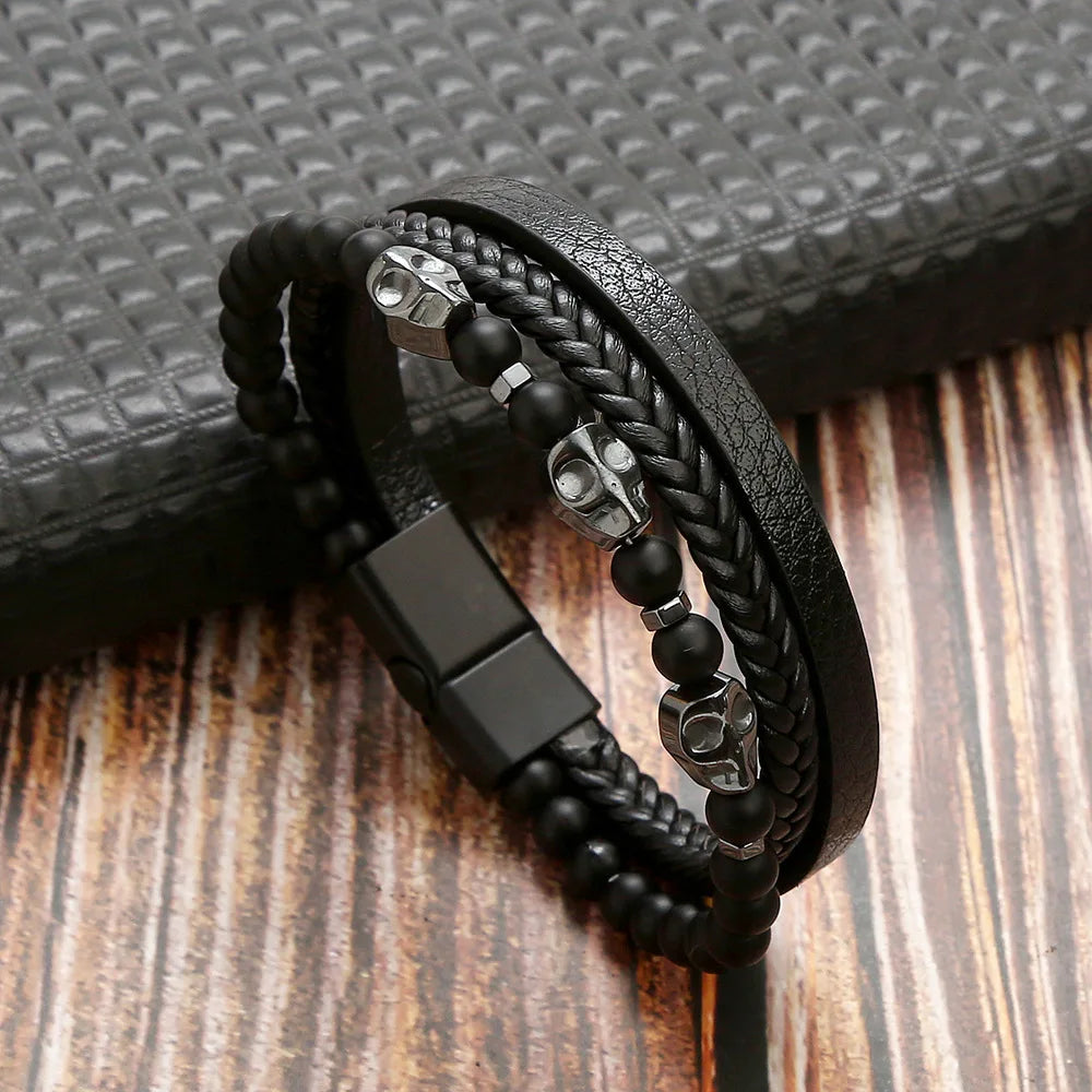 Multilayer Leather Bracelet with Skull Beads