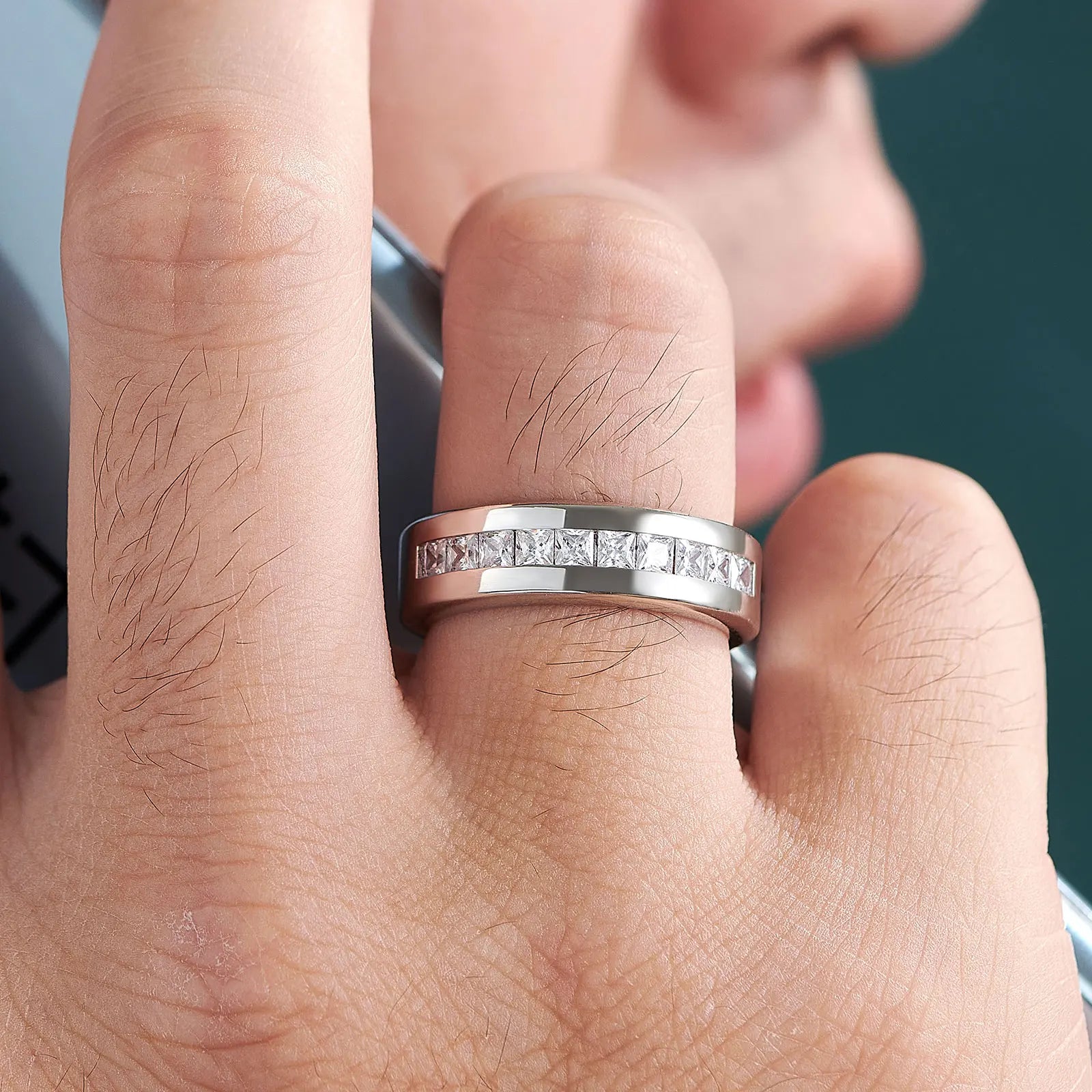 Men Moissanite Wedding Band Silver