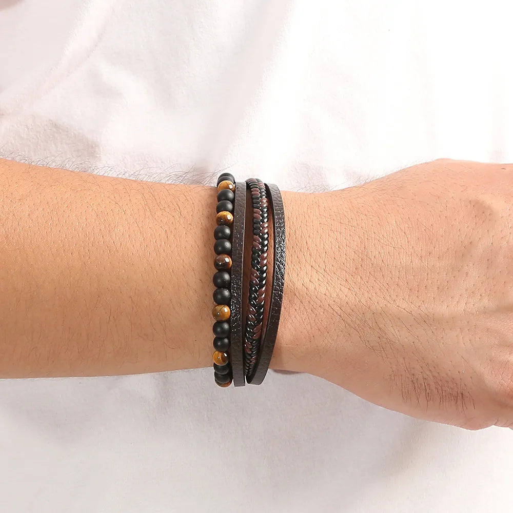 Layered Leather Bracelet Close-Up View